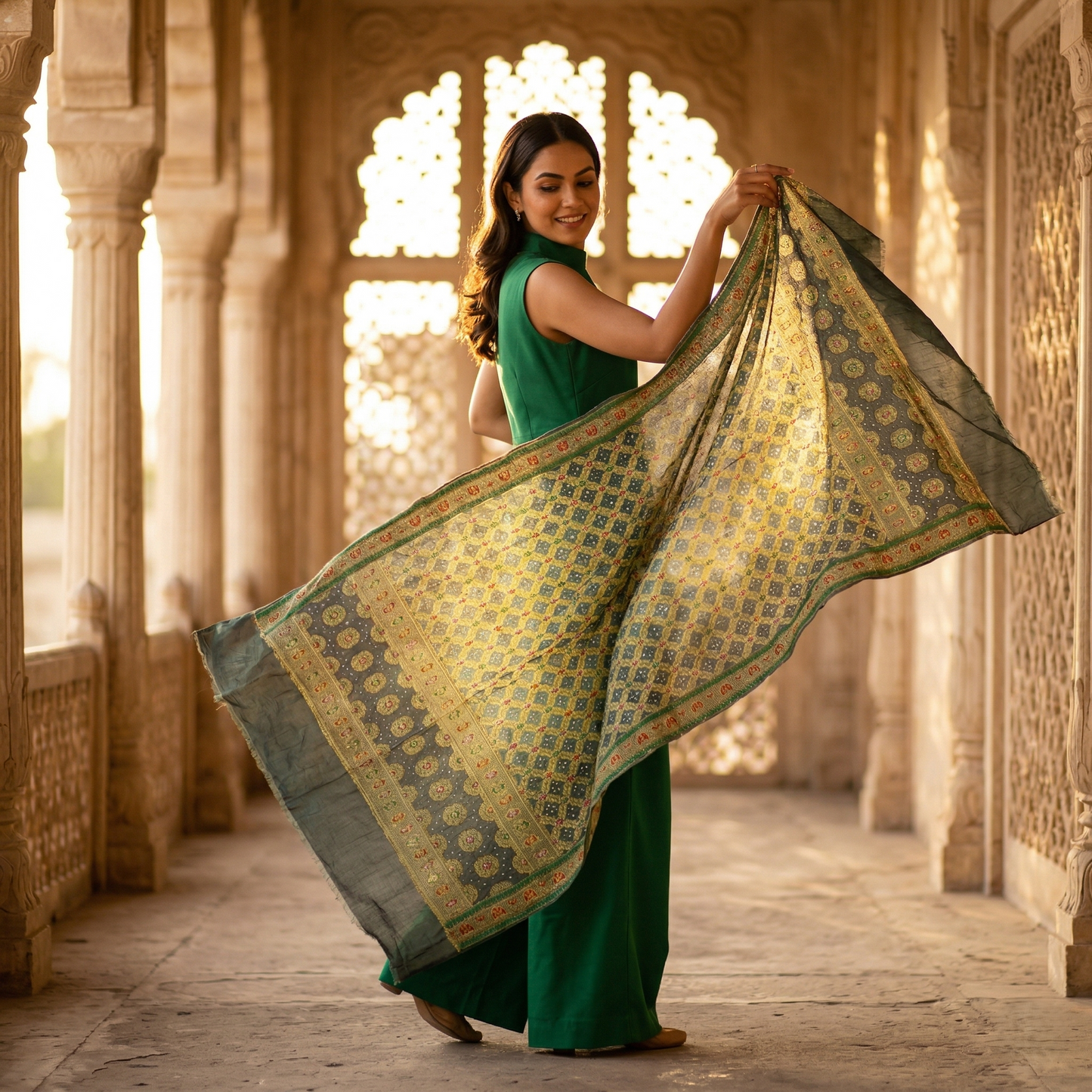 Royal Olive Silk Banarasi Pattern Dupatta