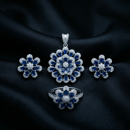 Floral Sapphire Brilliance Silver Pendant Set