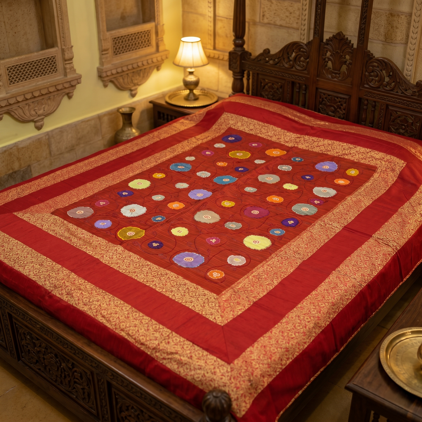Red Floral Silk Luxury Embroidered Bedcover