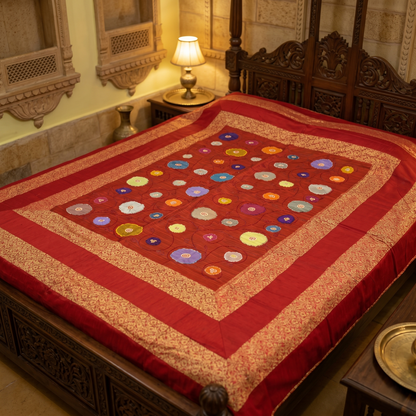 Red Floral Silk Luxury Embroidered Bedcover