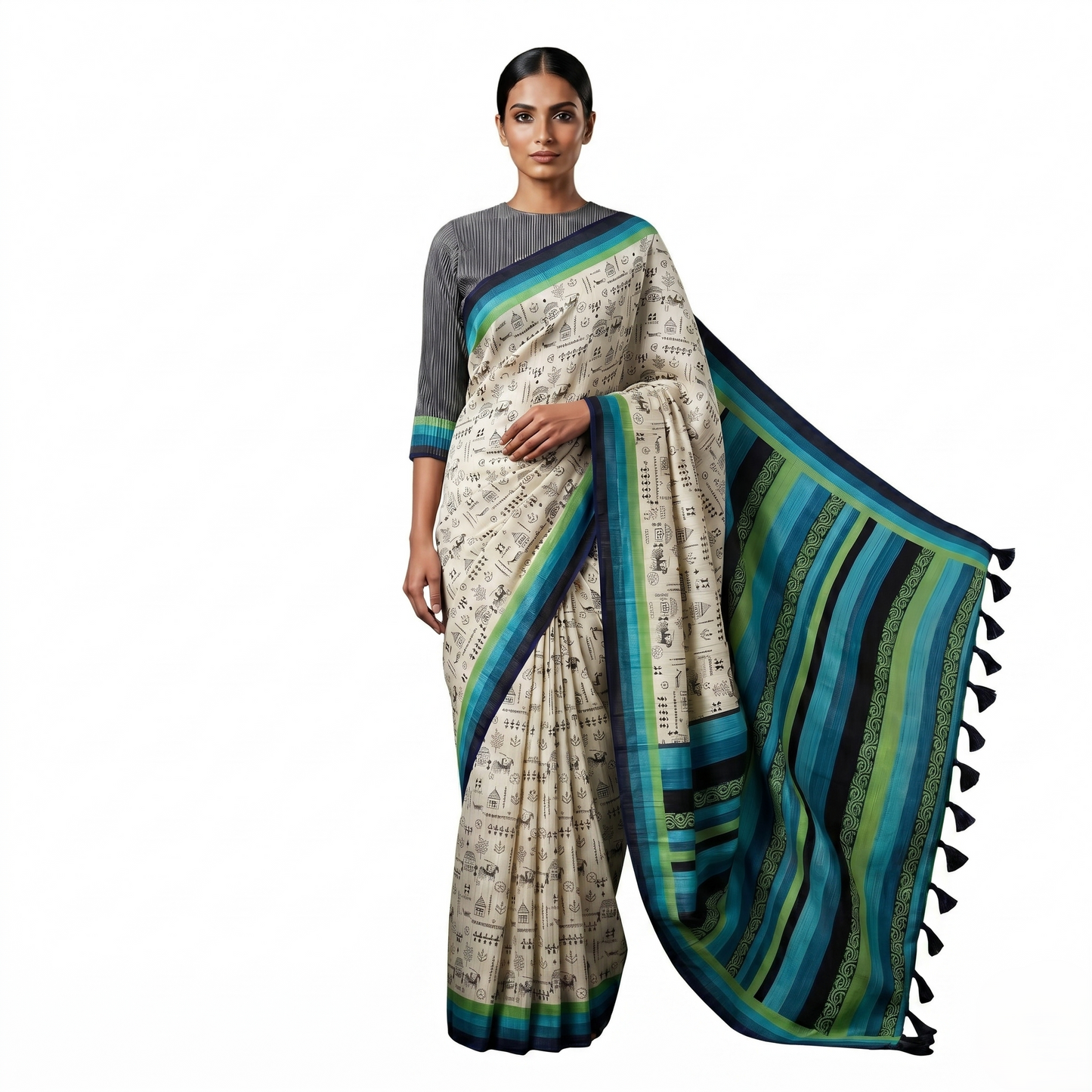 Contemporary Warli Print Tussar Silk Saree