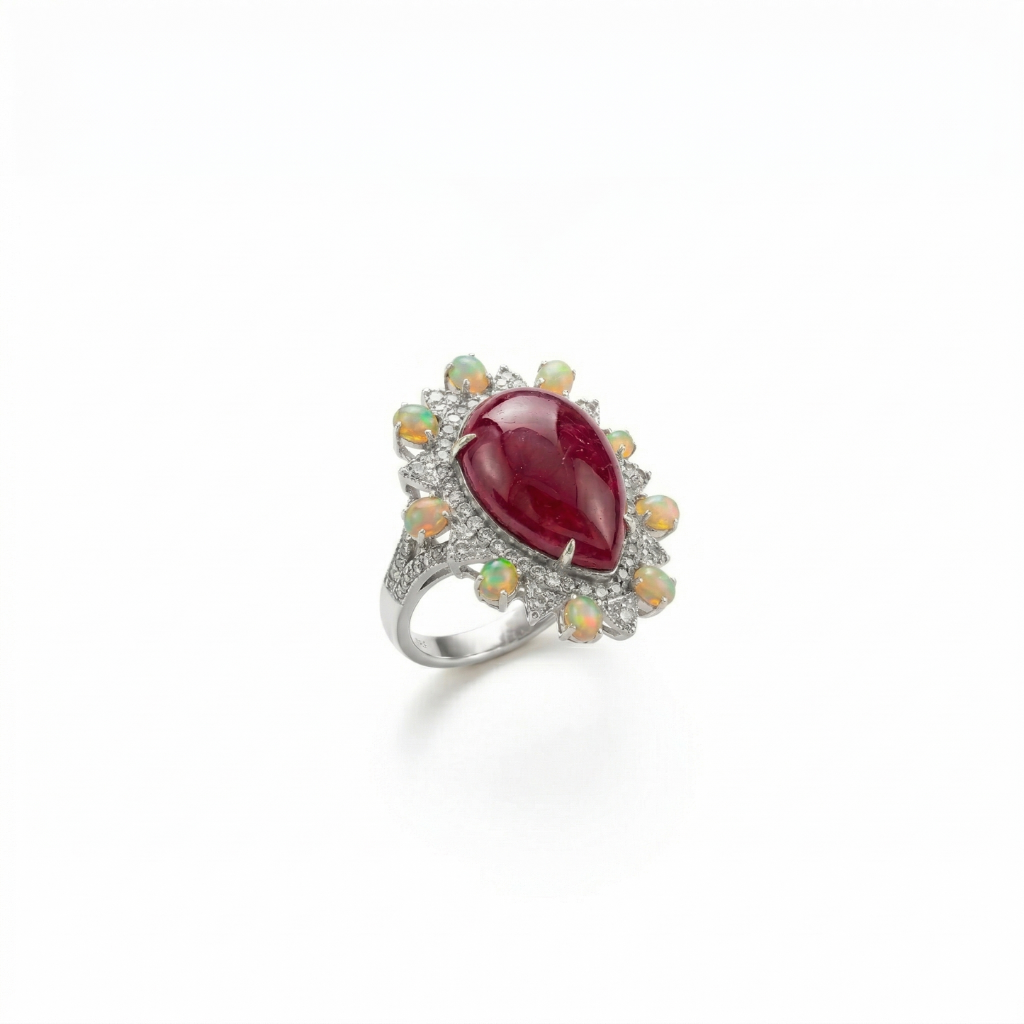 Silver Ruby Pear & Opal Halo Ring