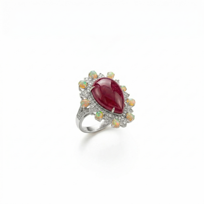 Silver Ruby Pear & Opal Halo Ring