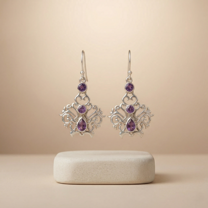 Ornate Silver Filigree Amethyst Drop Earrings