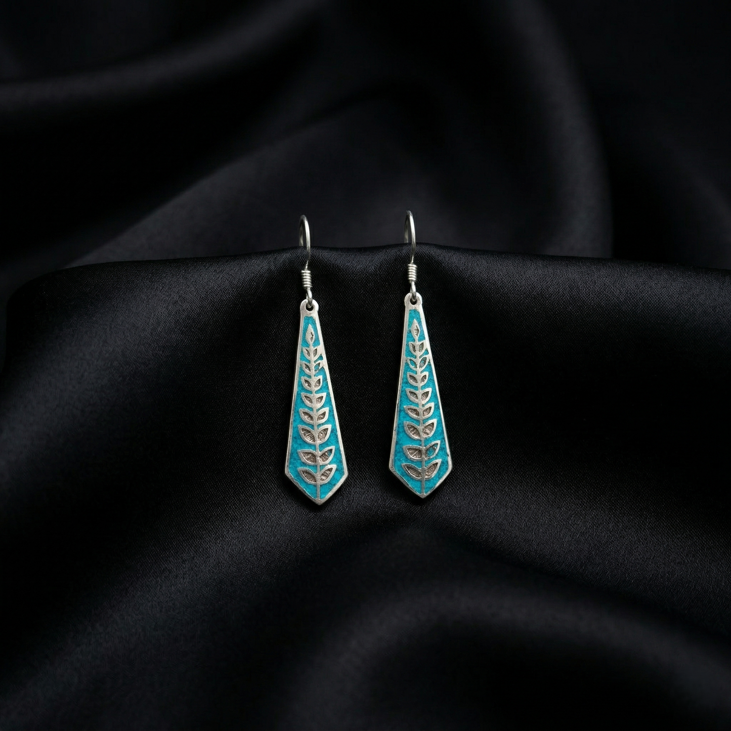 Turquoise Leaf Motif Silver Drop Earrings