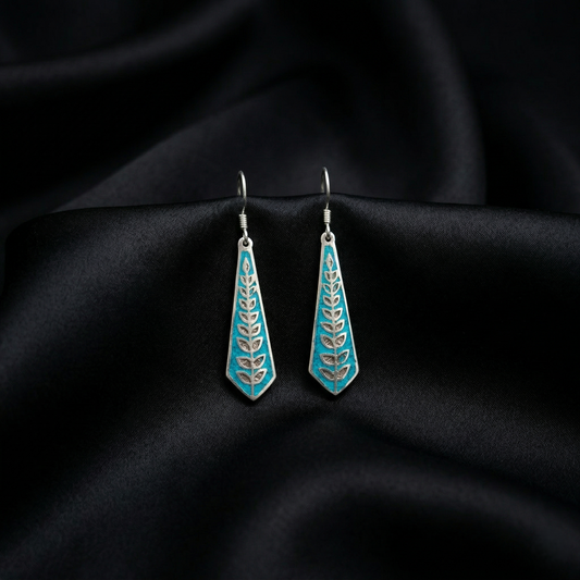 Turquoise Leaf Motif Silver Drop Earrings