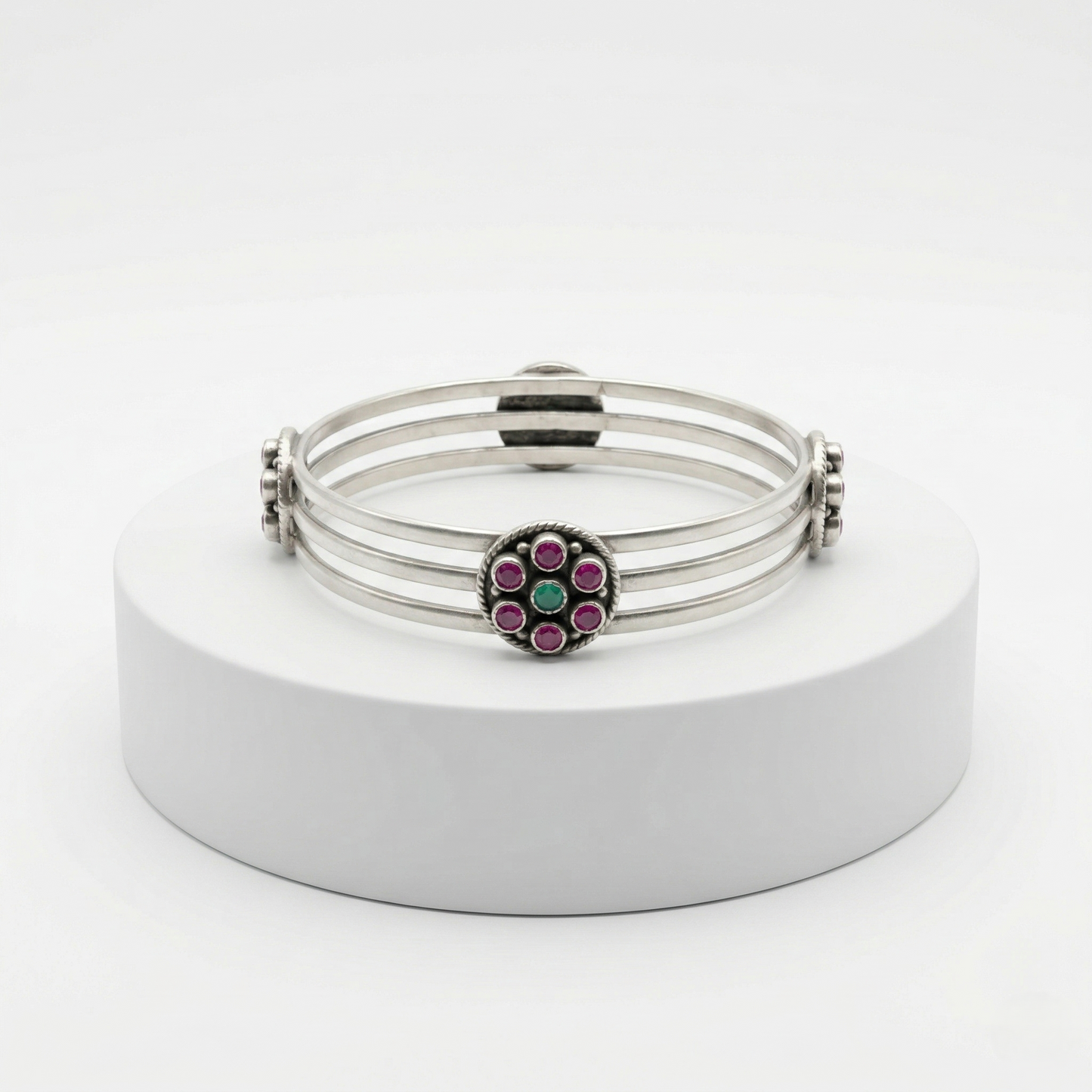 Handcrafted Triple-Band Ruby Silver Kada