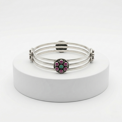 Handcrafted Triple-Band Ruby Silver Kada