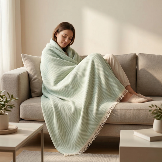 Elegant Sage Herringbone Hand Woven Blanket