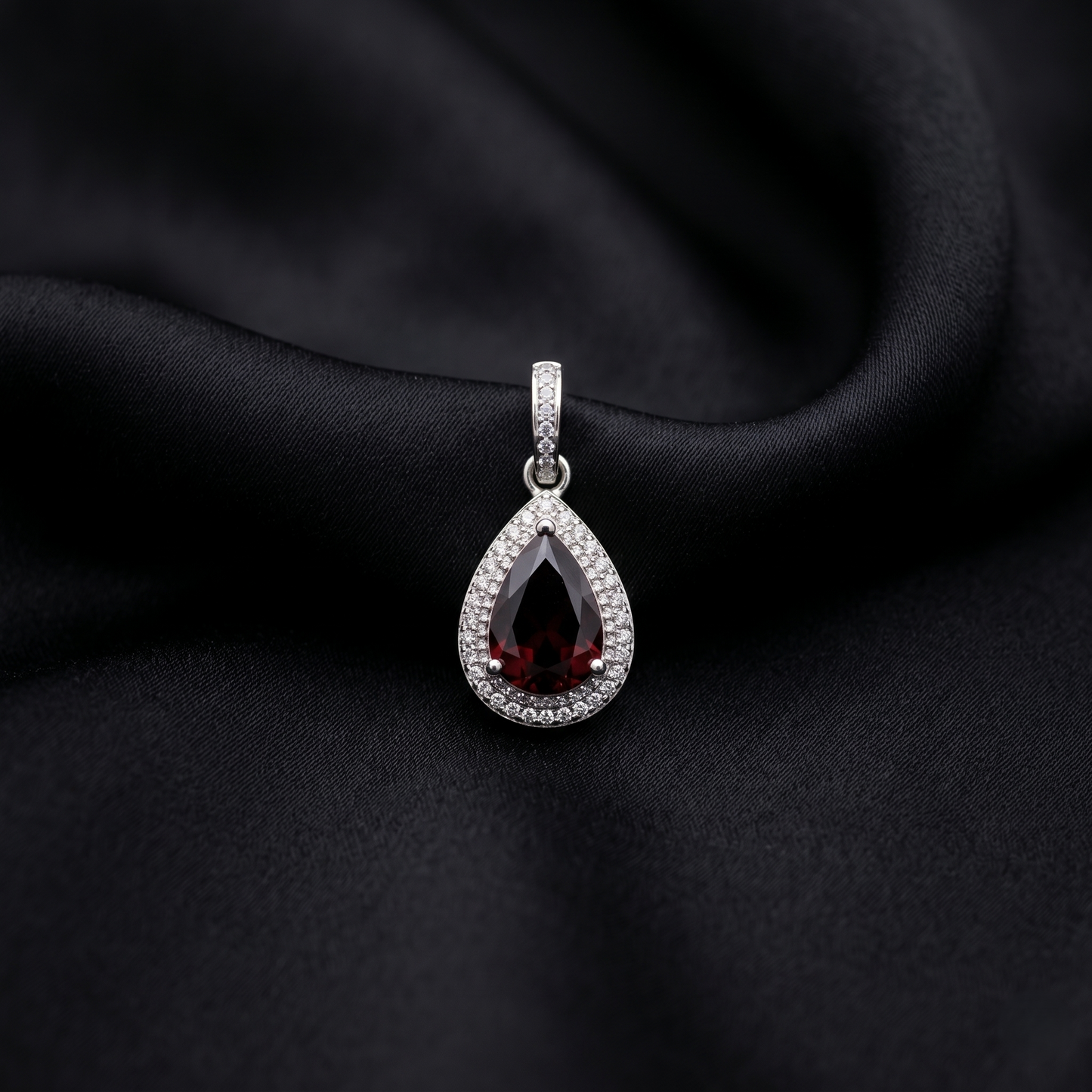 Teardrop Garnet Silver Halo Pendant