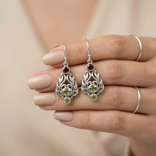 Vintage Sterling Silver Gemstone Floral Drop
