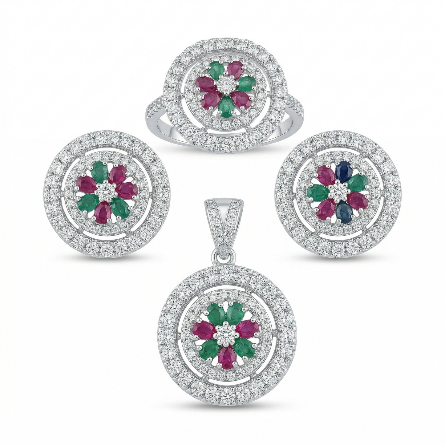 Radiant Emerald and Ruby Floral Ensemble