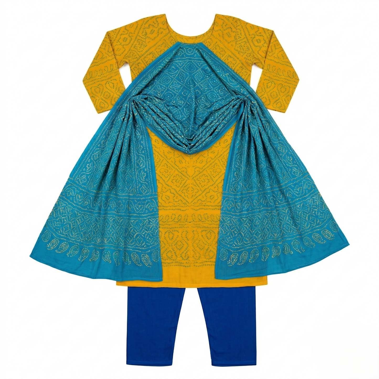 Radiant Azure & Gold Bandhani Ensemble