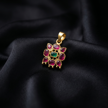 Handcrafted Ruby Emerald Silver Square Pendant