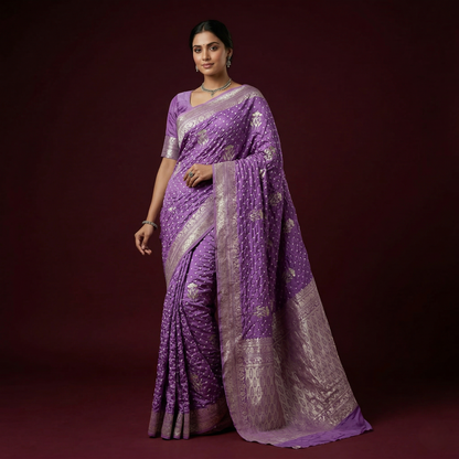 Lavender Bandhani Silk Banarasi Weave Saree