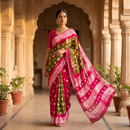 Elegant Olive and Magenta Bandhani Saree