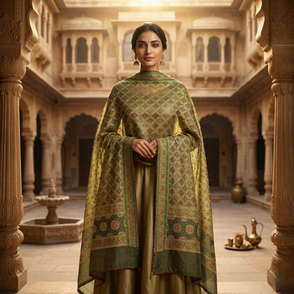 Royal Olive Silk Banarasi Pattern Dupatta