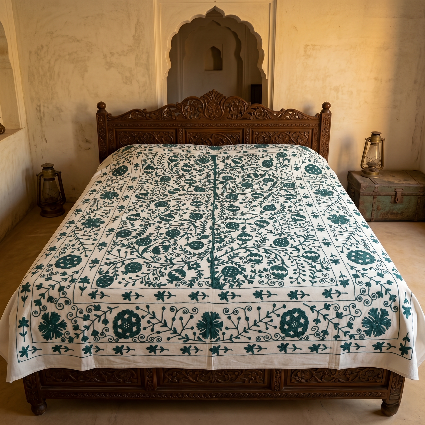 Intricate Emerald Floral Hand-Embroidered Luxury Bedcover
