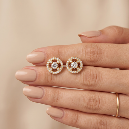 Ornate Circular Halo Silver Stud Earrings