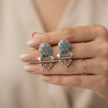 Vibrant Floral Meenakari Silver Artisan Studs