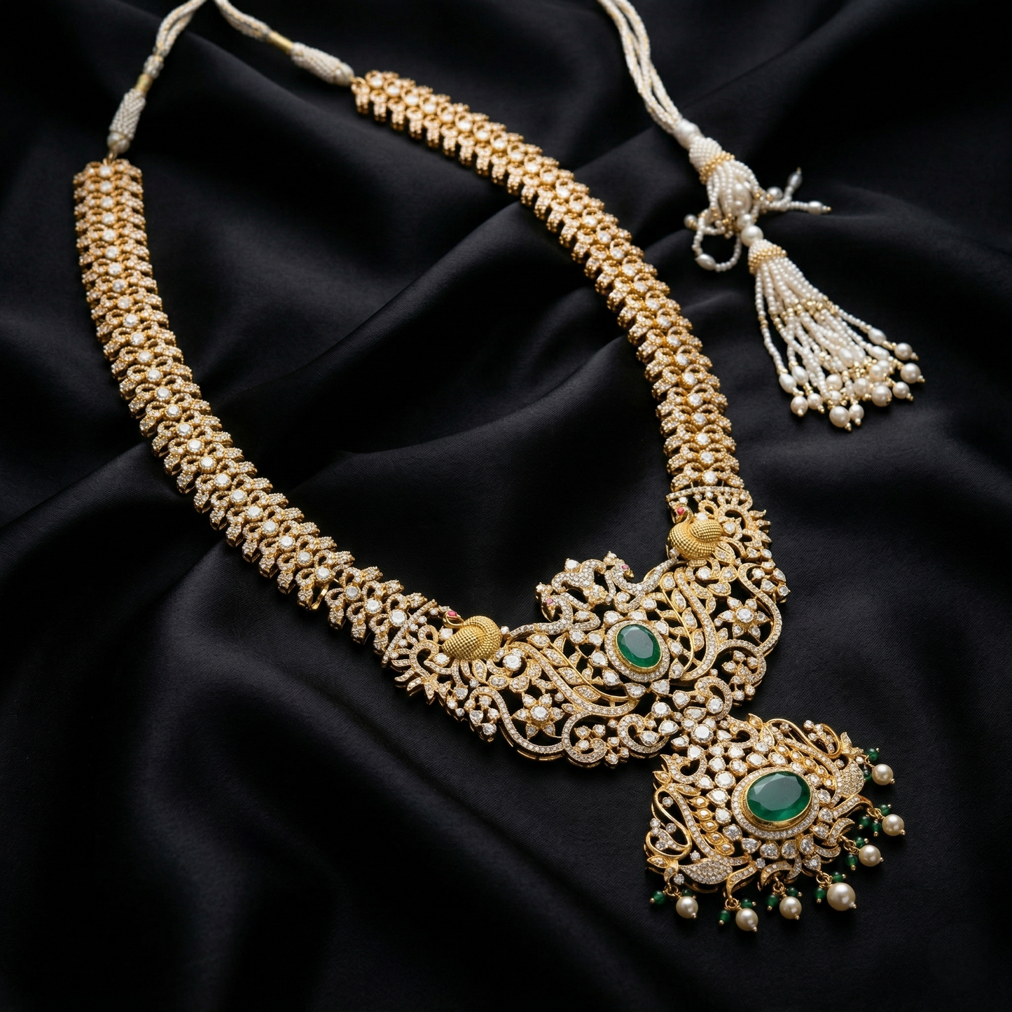 Emerald Heritage Peacock Silver Haram Necklace