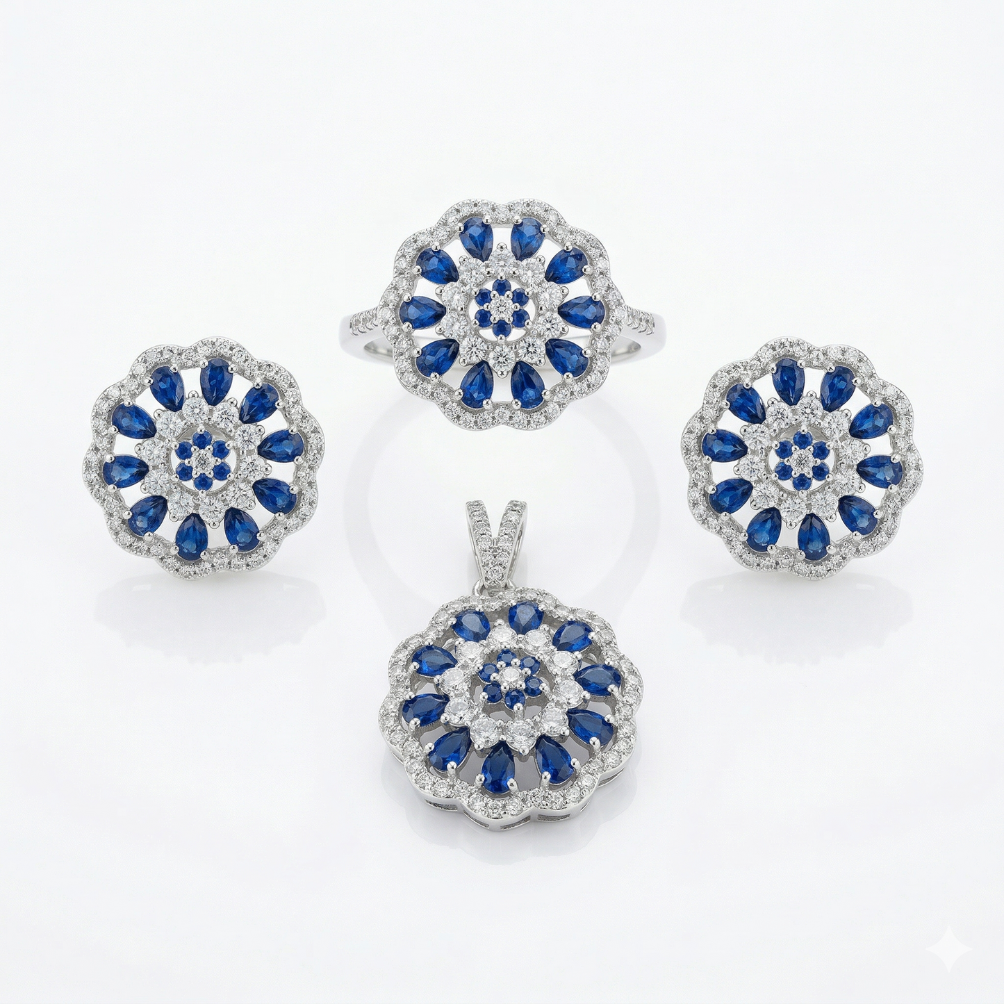 Sparkling Sapphire Floral Silver Pendant Set