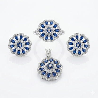 Sparkling Sapphire Floral Silver Pendant Set