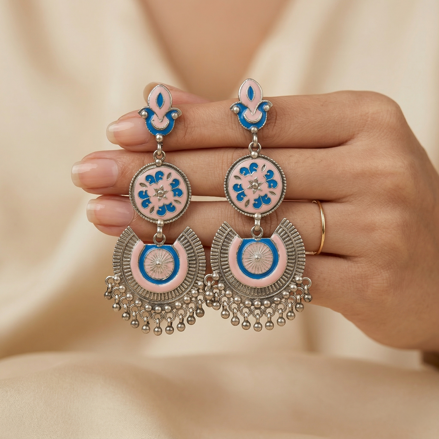 Regal Pastel Meenakari Silver Jhumka Earrings