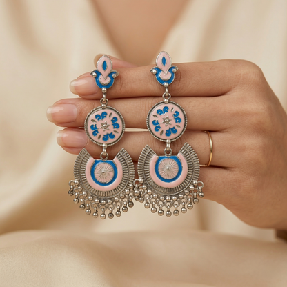Regal Pastel Meenakari Silver Jhumka Earrings