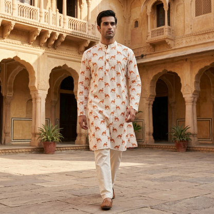 Elegant Camel Print Heritage Cotton Kurta