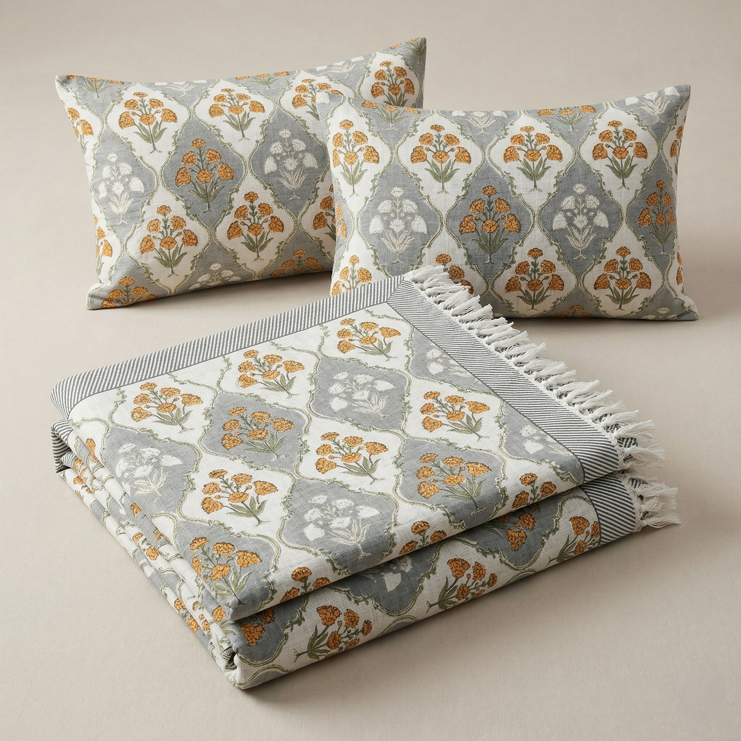 Mughal Buta Grey Khadi Bedcover Set