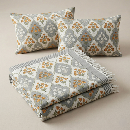Mughal Buta Grey Khadi Bedcover Set