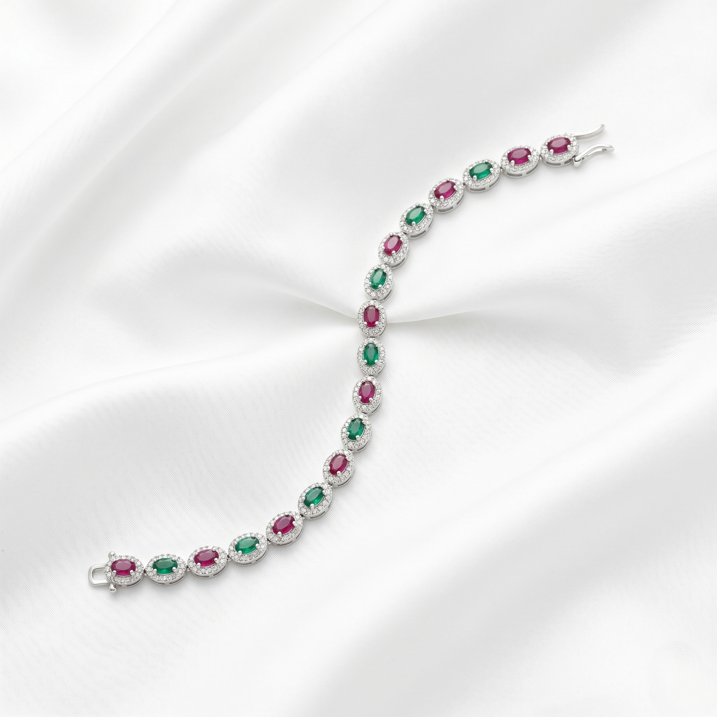 Elegant Ruby and Emerald Silver Bracelet
