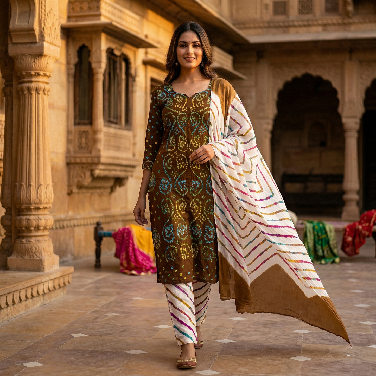 Earthy Bandhani & Leheriya Unstitched Suit