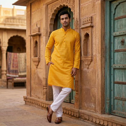 Elegant Mustard Silk Blend Men's Kurta