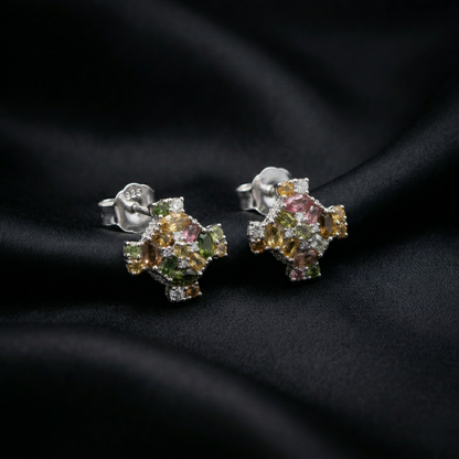Regal Sterling Multi-Gemstone Diamond Floral Studs