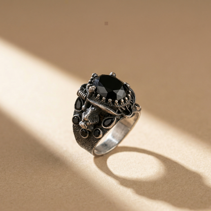 Silver Skull & Dagger Onyx Signet