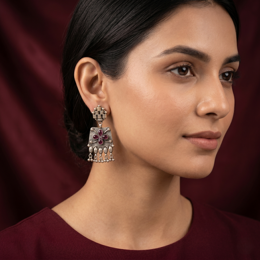 Handcrafted Oxidized Silver Floral Drop Earrings