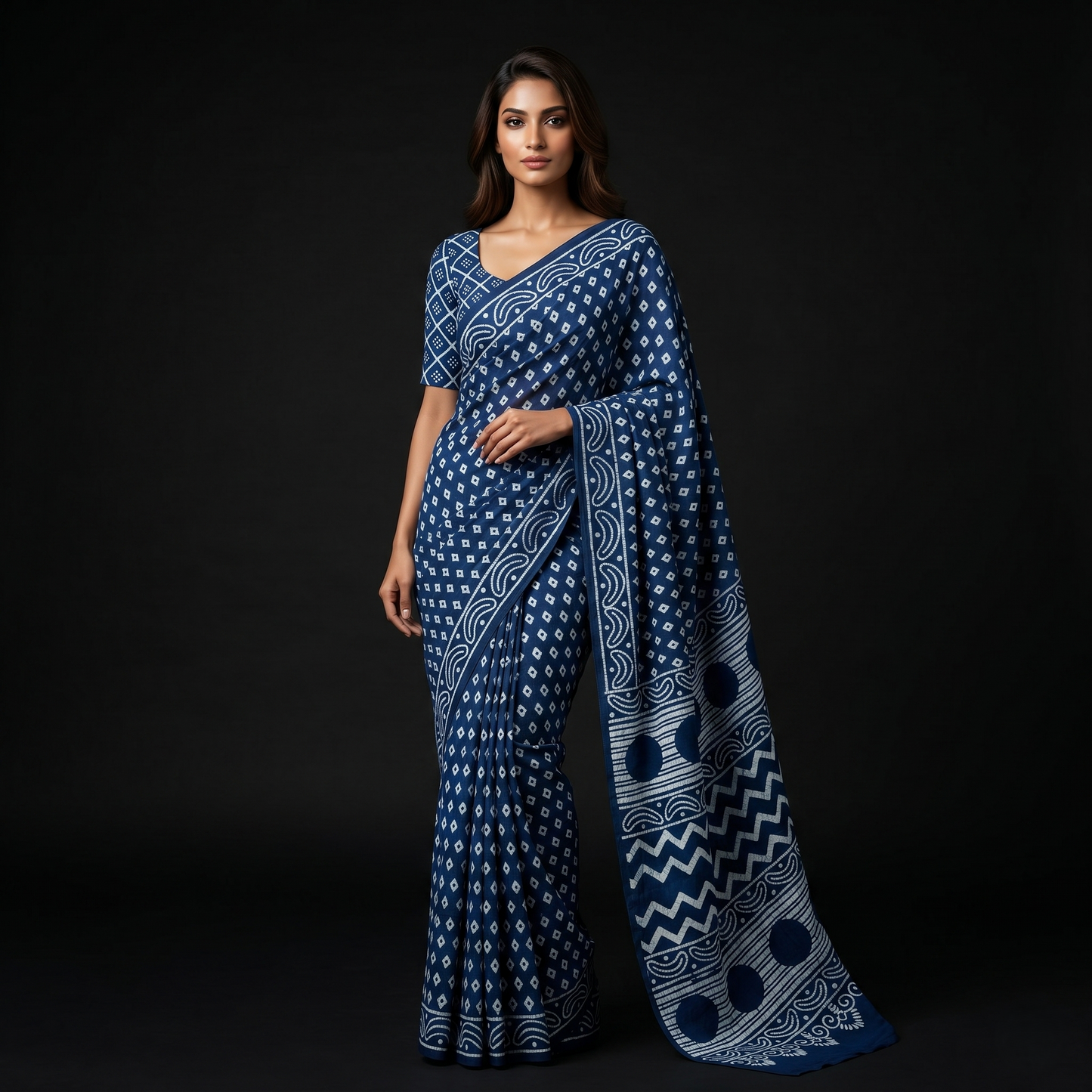 Indigo Hand-Block Printed Cotton Saree