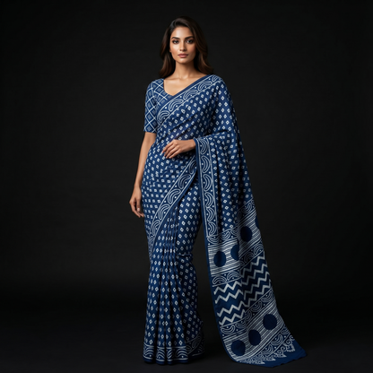 Indigo Hand-Block Printed Cotton Saree