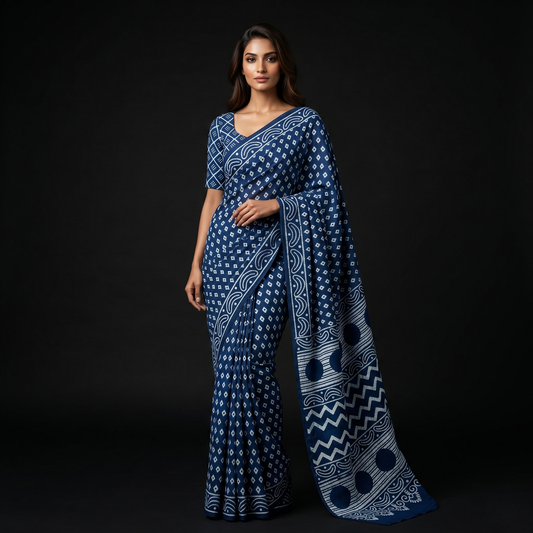 Indigo Hand-Block Printed Cotton Saree