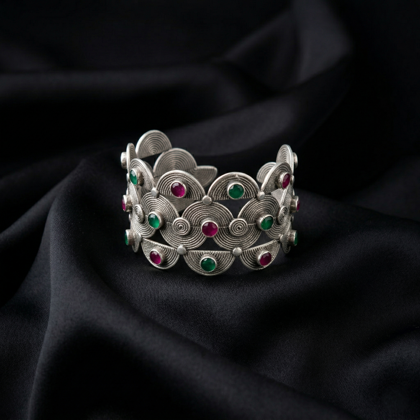 Handcrafted Silver Filigree Gemstone Cuff Kada