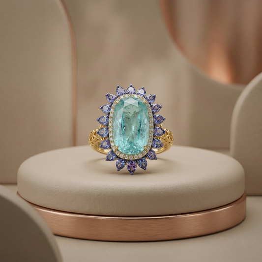 Azure Glow Ornate Silver Floral Ring