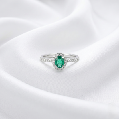 Oval Emerald Diamond Halo Gold Ring