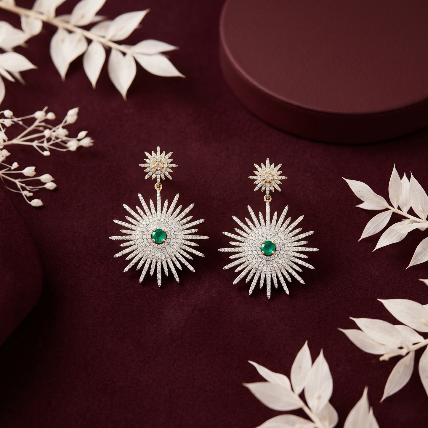 Celestial Emerald Starburst Silver Drop Earrings