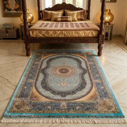 Royal Turquoise Medallion Hand Knotted Silk Rug