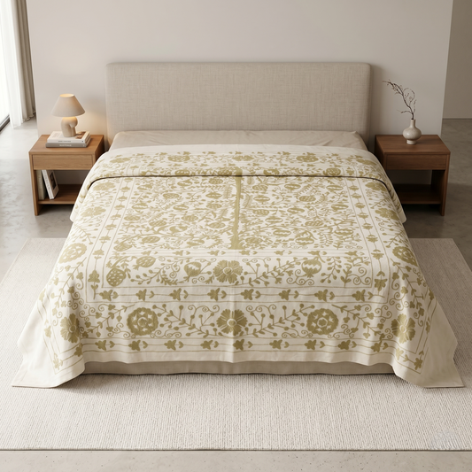 Ivory Sage Floral Embroidered Luxury Bedcover