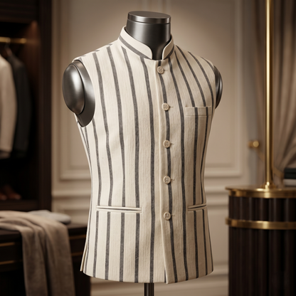 Handloomed Ivory and Charcoal Striped Waistcoat