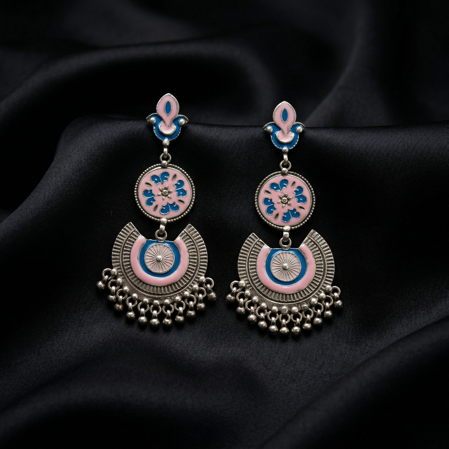 Regal Pastel Meenakari Silver Jhumka Earrings