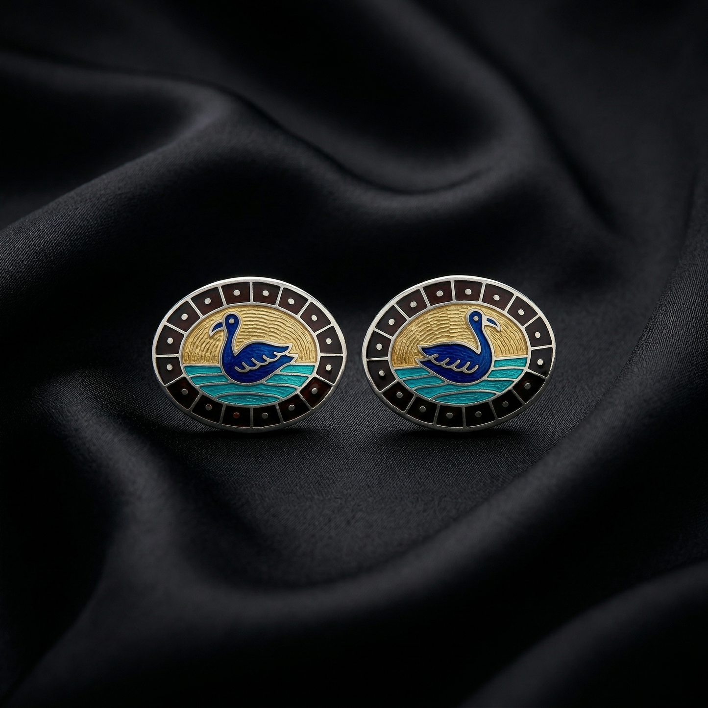 Enamelled Silver Swan Oval Stud Earrings